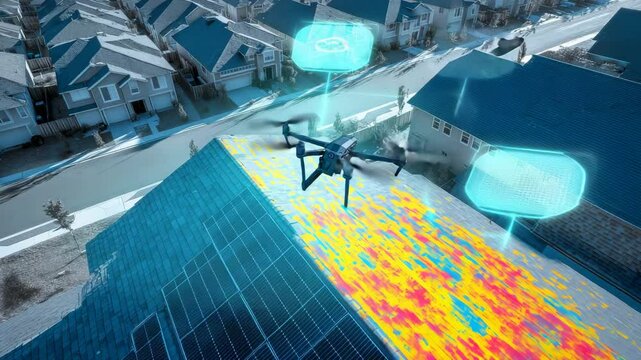 Thermo W&auml;rmebildkamera Drohne entdeckt Sch&auml;den an Solardach &ndash; visuelle Kontrolle per Tablet. K&uuml;nstliche Intelligenz KI
