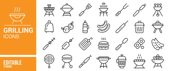 Black Line Art Icons for Grilling, Barbecue, and Cooking, Editable and Clean