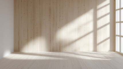 Light wooden paneling and floor with white wall and window casting soft shadows in bright empty room