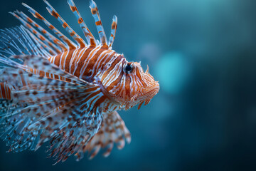 Close-up of a majestic lionfish extending its fins in a saltwater aquarium, soft blue lighting and clear background