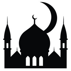 Silhouette of a mosque with a crescent moon and star on a white background