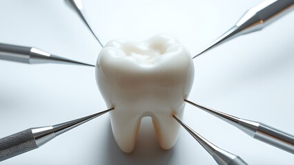 Dental tools in protective circle around aging tooth under clinical light