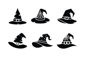 Black witch hats with various decorative elements Halloween silhouette