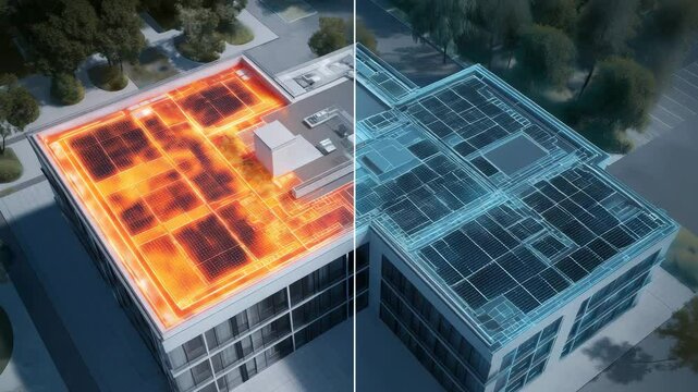 Thermo W&auml;rmebildkamera Drohne entdeckt Sch&auml;den an Solardach &ndash; visuelle Kontrolle per Tablet. K&uuml;nstliche Intelligenz KI