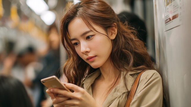 Subway Serenity: A thoughtful woman absorbed in her smartphone on a subway, representing everyday life, modern communication, and urban exploration.