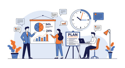 Teamwork presentation of business growth strategy and financial planning with charts and data analysis