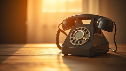 Vintage telephone on wooden surface, evoking nostalgia with golden hour warmth.