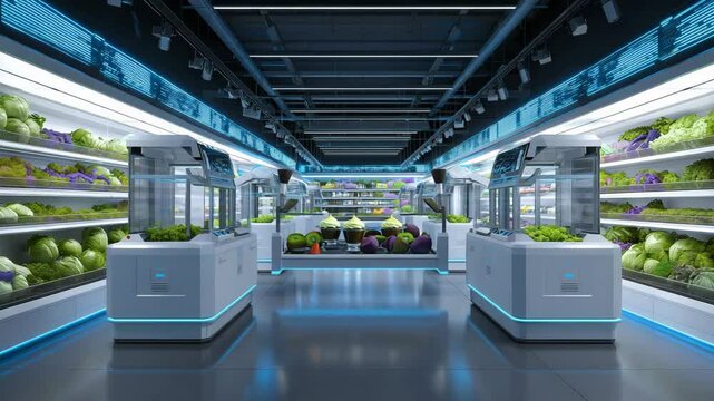 Futuristischer Supermarkt mit Roboterarmen zur automatischen Gem&uuml;sebest&uuml;ckung. K&uuml;nstliche Intelligenz KI
