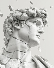 striking sculpture of male figure with cracked features, surrounded by fragments. artwork conveys sense of strength and resilience amidst destruction