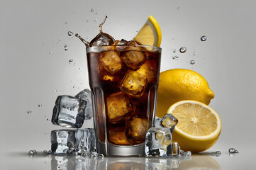 Splashing cola with ice cubes and lemon, high speed shot on white table