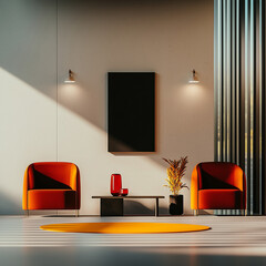 Modern interior design featuring two red chairs, black table, and vibrant orange rug. space is illuminated by natural light, creating warm and
