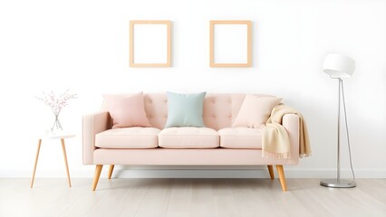 Poster mockup with two vertical frames on empty wall in living room interior with pink sofa and multi-colored pastel pillows. 3D rendering.