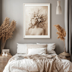 beautifully styled bedroom featuring large framed artwork of figure adorned with floral elements. neutral color palette and soft textures create cozy and