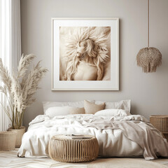 cozy bedroom featuring large framed artwork of woman with floral elements in her hair. neutral tones and natural materials create warm and