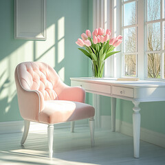 cozy home office features pink upholstered chair beside white desk, adorned with vase of pink tulips. Sunlight streams through large windows, creating warm