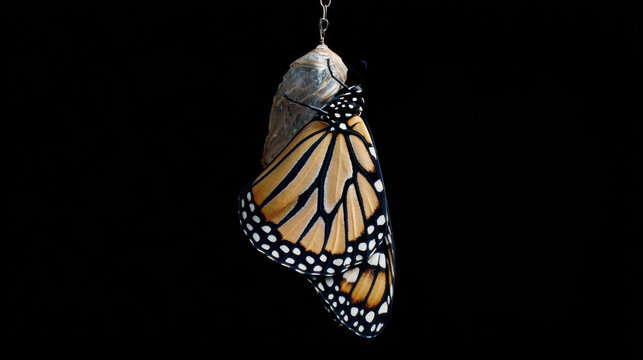 Vibrant monarch butterfly emerging from chrysalis on black background