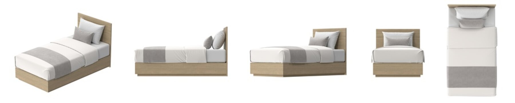 Set of multiple views of a modern single bed including top, side, front, and isometric angles, isolated. 3D render collection.