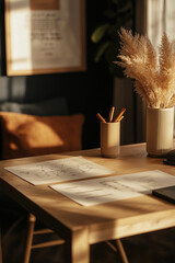 cozy workspace featuring wooden desk with papers, vase of dried plants, and stationery. warm sunlight creates calming , perfect for productivity
