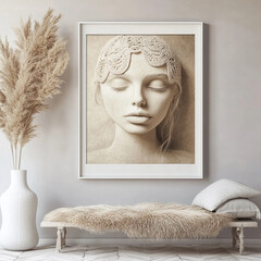 stunning wall art piece featuring sculpted face with intricate details, framed elegantly in modern interior. soft tones and textures create calming