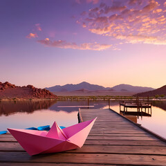 Pink Paper Boat on Wooden Dock at Sunset Over Desert Lake 