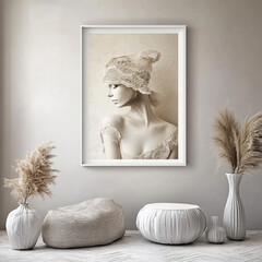Elegant wall art featuring woman in lace headpiece, framed in minimalist setting. soft tones and textures create calming , perfect for modern decor