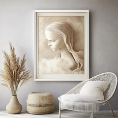 beautiful wall art piece featuring sculpted figure with delicate veil, set against neutral background. artwork adds elegance to modern interior, complemented by natural elements like plant and