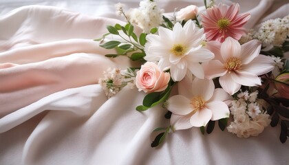 serene floral arrangement with delicate blooms on soft textile background