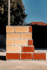 solid brick wall section with mix of yellow and red bricks stands against clear blue sky, its sturdy construction and unique pattern