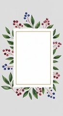 Elegant Watercolor Botanical Frame with Red and Blue Berries and Green Leaves on Grey Background