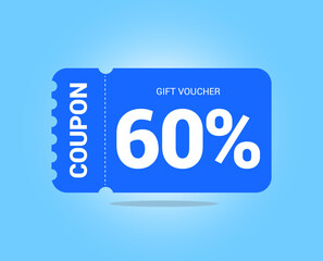 60% coupon promotion sale. Sixty percent Vector Gift Voucher. Blue discount, lucky ticket, special offer promo. Web, shopping label, percent sign. Special price offers.