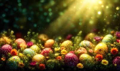 Colorful Easter eggs nestled in greenery with flowers, bathed in golden light