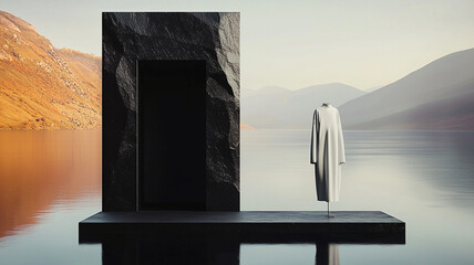 minimalist scene featuring black stone structure beside calm lake, with white garment displayed on stand. landscape includes mountains and autumn foliage, creating striking contrast