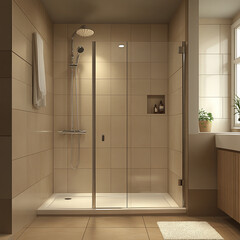 Modern bathroom with glass shower enclosure, beige tiles, and natural light. design features sleek showerhead, small shelf for toiletries, and cozy