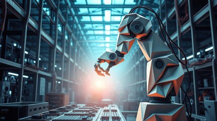 Futuristic factory automation with a robotic arm in an intricate origami style, showcasing geometric precision and an ethereal light aura.