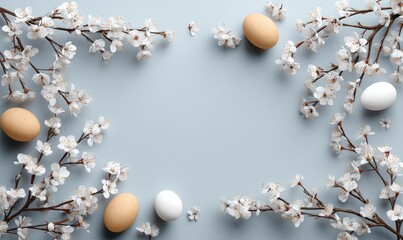 Pastel-toned arrangement of spring blossoms and eggs