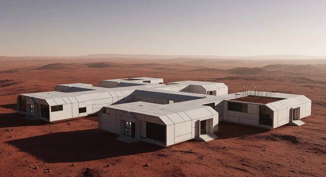 Futuristic mars colony concept depicting sustainable habitats on the red planet surface