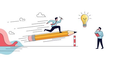 Creative Business Concept of a Man Riding a Pencil to Achieve an Idea