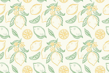 Seamless pattern with whole lemon and slice, flower with green leaf on beige background. Bright citrus line art style fruit design for summer kitchen fabric, package and organic theme.
