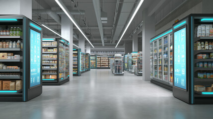 Modernes Lebensmittelsystem mit Hightech-Kühlstationen und digitaler Ernte. Künstliche Intelligenz KI