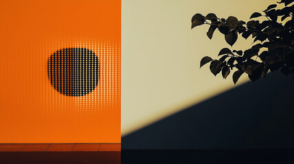 vibrant orange wall with textured pattern casts circular shadow, contrasting with light colored wall. branch with leaves adds natural element to modern design