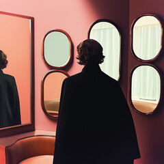 person in black cape stands in front of mirrors against pink wall, creating striking visual contrast. scene evokes sense of mystery and introspection
