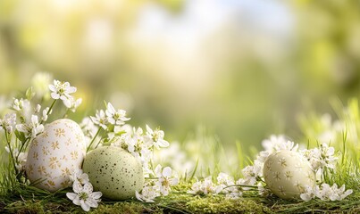 Easter eggs nestled amidst spring flowers