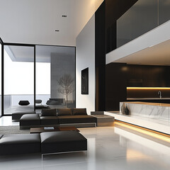 Ultra modern minimalist living room with sleek furniture and large windows. space features dark color palette, elegant lighting, and stylish kitchen area, creating sophisticated