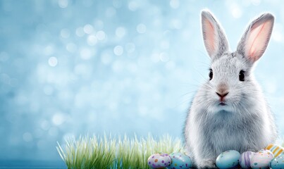 A fluffy gray Easter bunny sits amidst pastel eggs and grass