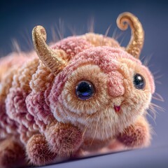 Fototapeta premium Cute fluffy pink caterpillar with golden horns and big eyes. Fantasy insect concept. Generative ai.