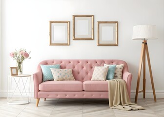 Poster mockup with two vertical frames on empty wall in living room interior with pink sofa and multi-colored pastel pillows. 3D rendering.