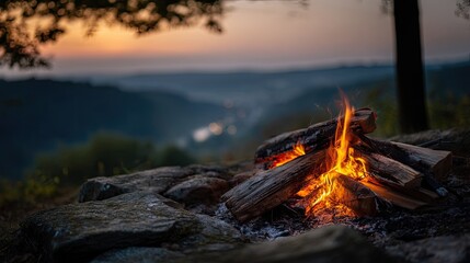 Campfire at dawn over a valley