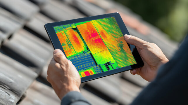 Tablet zeigt W&auml;rmebild bei Drohnenkontrolle einer Photovoltaikanlage. K&uuml;nstliche Intelligenz KI