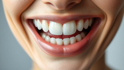 Naklejka premium Close-up of white teeth with a natural smile, showcasing clean dental aesthetics in studio lighting.