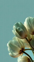 Close-up of pale, white tulips against a teal background
